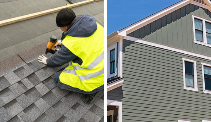 Collage of roofing installation and siding