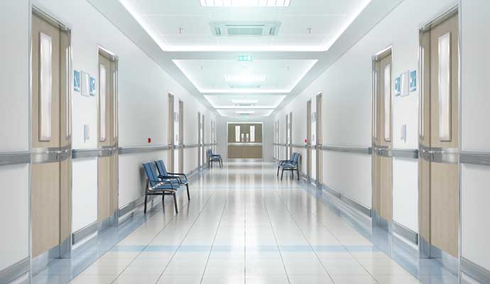 A well-lit hospital corridor