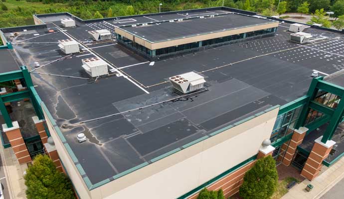 Aerial view of a retail store building with a flat roof