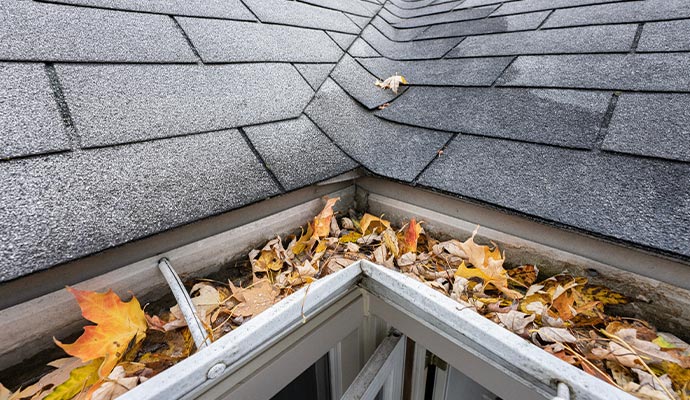 Clogged gutter filled with leaves and debris