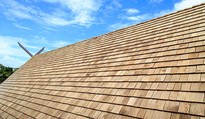 Close-up view of a new wood shake roof