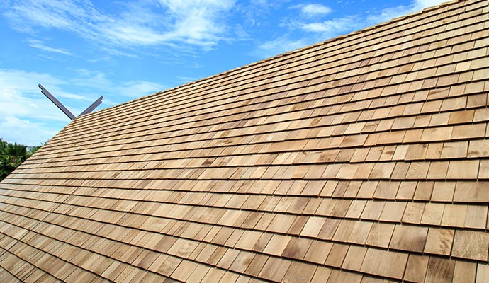 A wooden shingle roof with neatly arranged