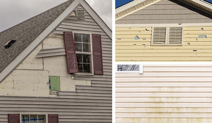 Collage-of cracks, holes, and bubbling damaged siding. 