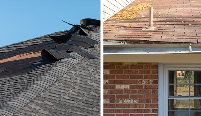 Collage of storm damage Shingle roof and gutter