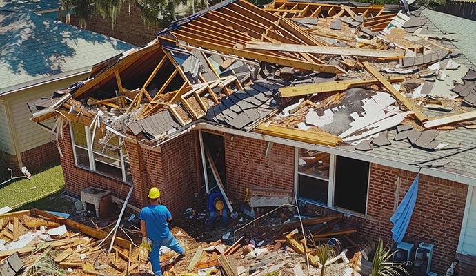 A person cleaned up the damaged house after the storm